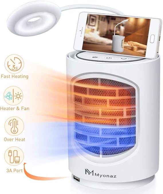 MYONAZ Mini Ceramic Space Heater 500W Personal Heater with LED Light