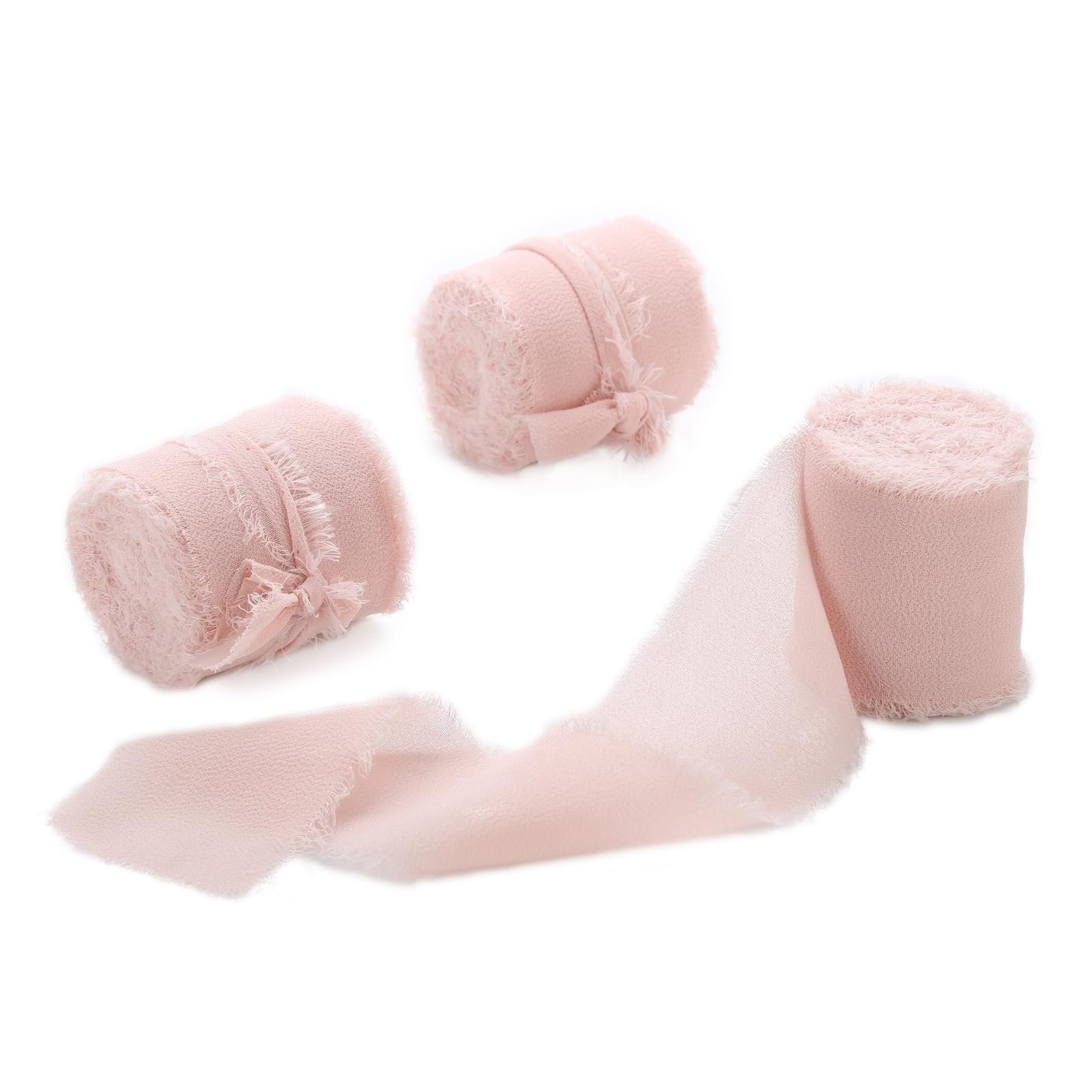 Nude Pink Chiffon Ribbon 3 Rolls 1.5 inch X 5 Yard Light Pink Handmade Fringe Silk Ribbon Set for Gift Wrapping, Wedding Invitations, Bridal Flower Bouquets, DIY Crafts — image 1