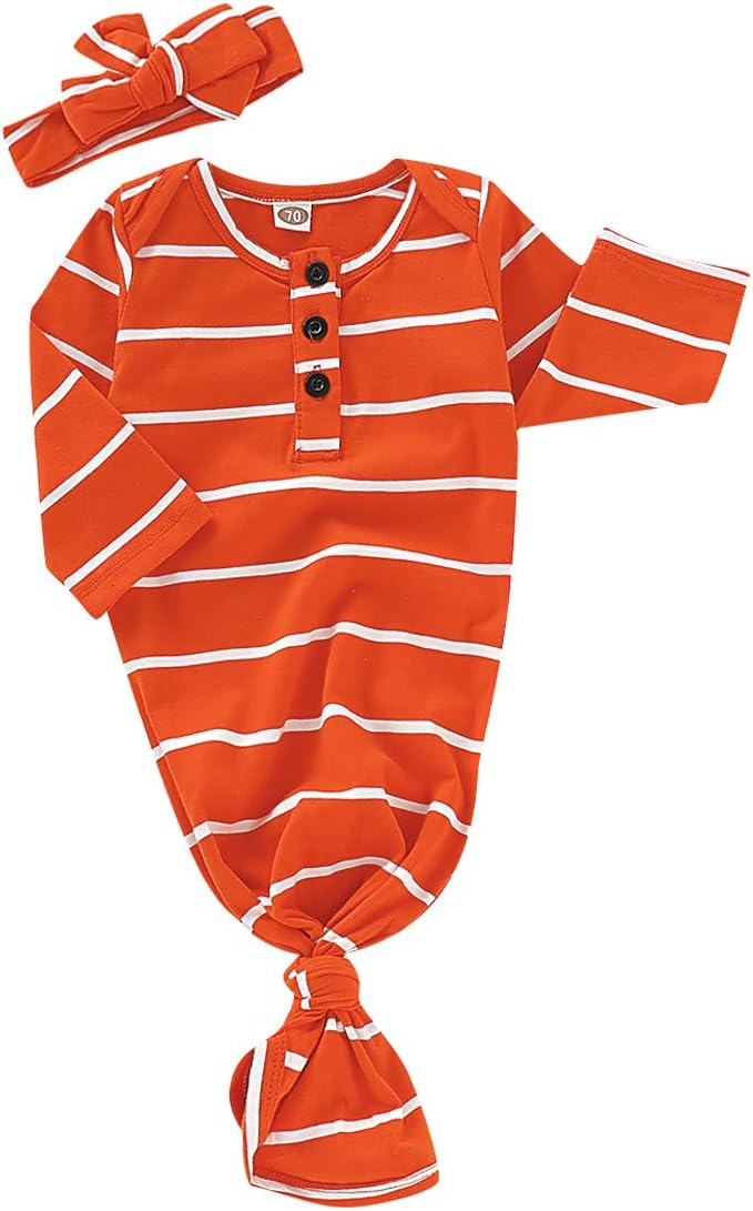 SAYOO Unisex Baby Striped Cotton Sleeper Gowns with Cap Long Knotted Sleeping Bag
