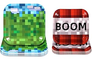 32pcs Pixel Party Plates Set for 16 Guests, 2 Style Video Game Party Supplies Dinner and Dessert Plates for Craft Birthday Pa