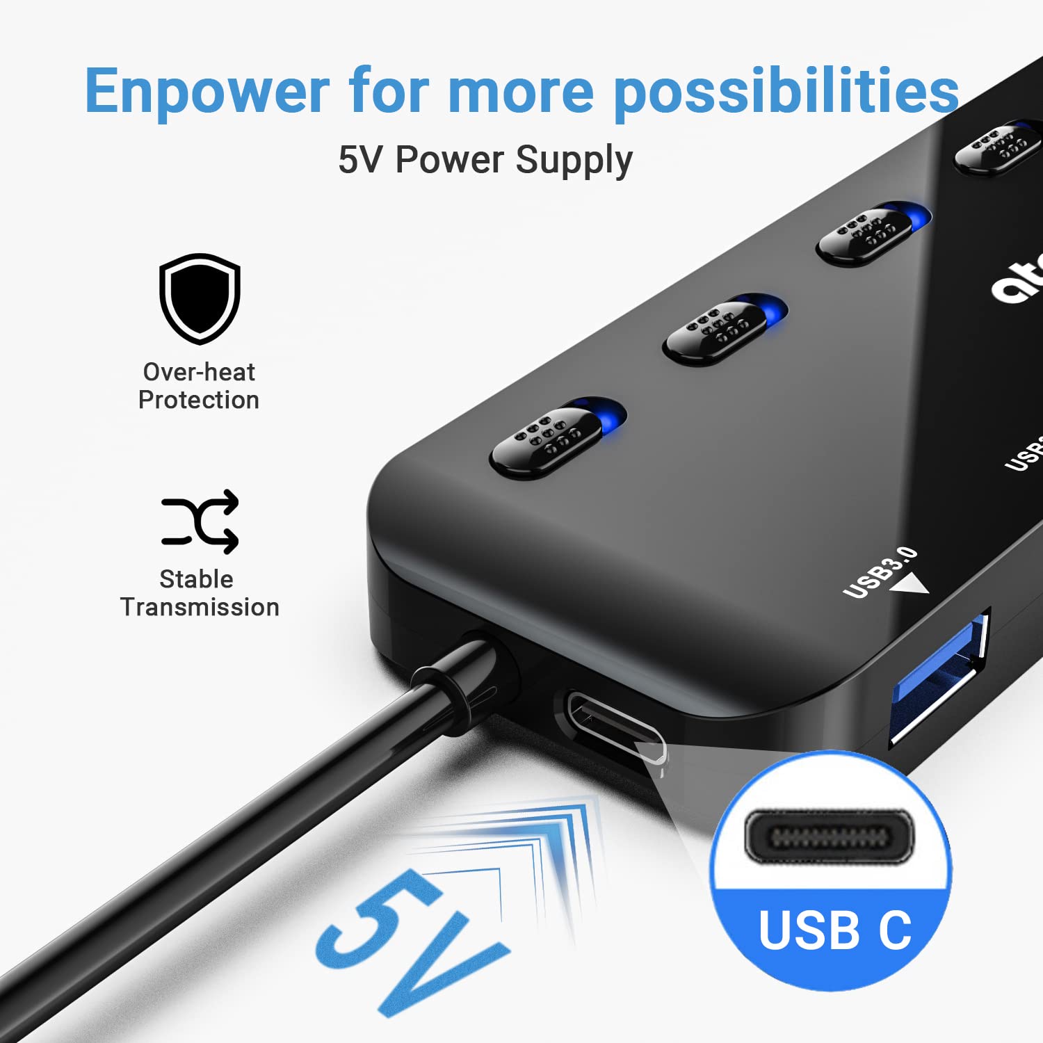 USB HUB, atolla USB Verteiler mit 7 USB3.0 Ports, Mehrfach USB 3.0 Daten Hub mit 100cm Erweitert Kabel und Individuellen LED EIN/Aus-Tasten für Laptop PC 4