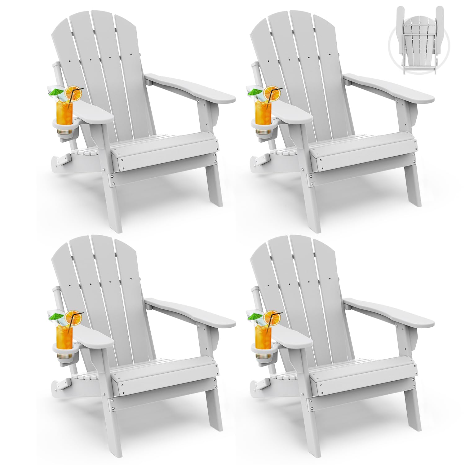 GREENVINES Folding-Adirondack-Chairs-Set-of-4 | HDPE Plastic | Fire Pit Chair | All Weather | Cup Holder | White | for Deck Backyard Patio Outdoor Garden Image