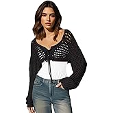 Womens Long Sleeve Crochet Shrug Tie Front Cropped Cardigan Sweaters Knit Bolero Outwear Tops