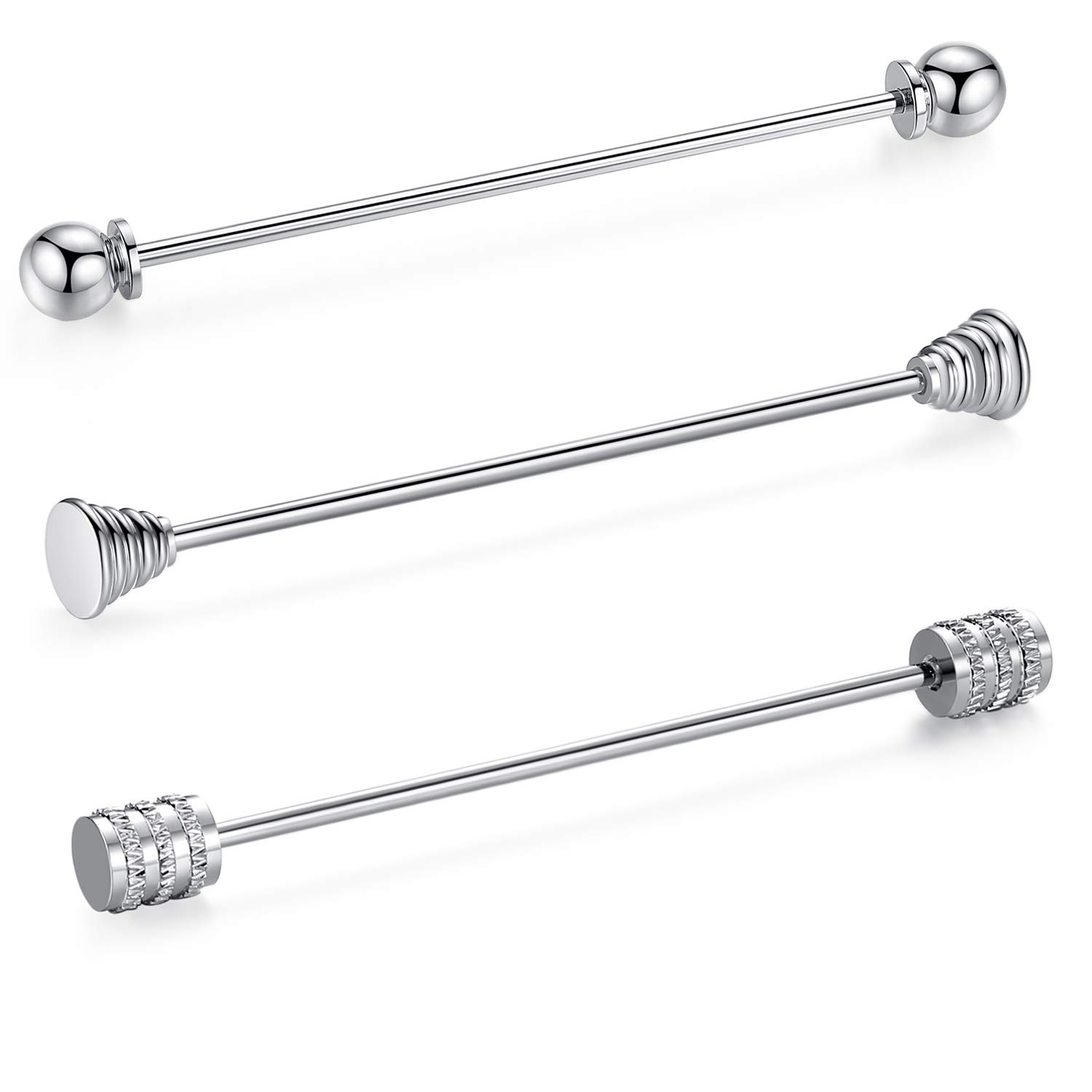 HONEY BEAR Tie Collar Bar Pins 3pcs Set Brooches for Shirts,Stainless Steel for Business Wedding Gift,Silver,65mm (Mix Two without box)