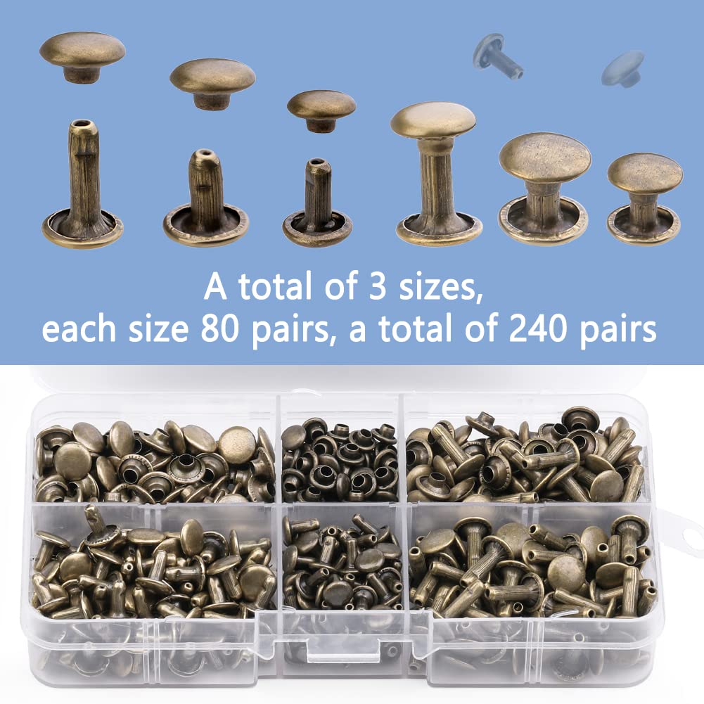 TLKKUE 240 Sets Rivets for Leather, Leather Rivets 3 Sizes Leather Double Cap Rivets for DIY Leather Craft, Bags/Clothes/Shoes/Belts Decoration or Repair (Bronze)