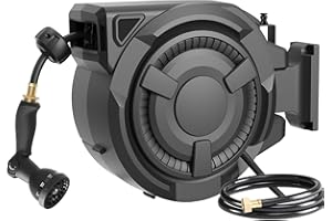 Wikiwiki Retractable Garden Hose Reel 1/2 in x 100 ft, Heavy Duty Wall Mounted Hose Reel with 10- Function Sprayer Nozzle, An