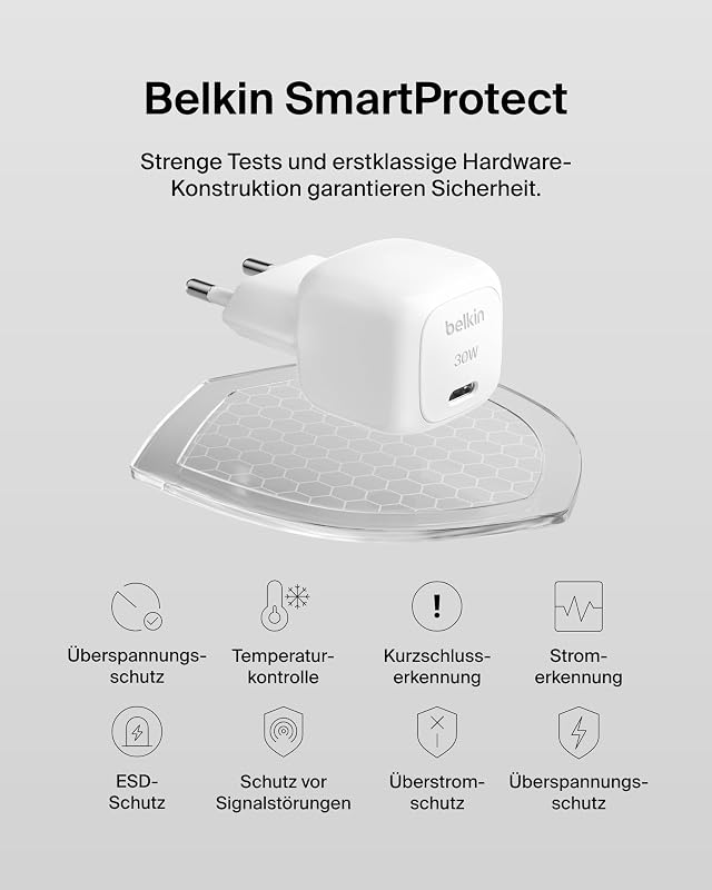 BoostCharge kompaktes Ladegerät, 30 W, für Reisen, USB-C Power Delivery zum Schnellladen für die Apple iPhone Serie 16. 15, 14, 13, 12, Samsung Galaxy S24, S23, iPad, AirPods, Tablets – Weiß