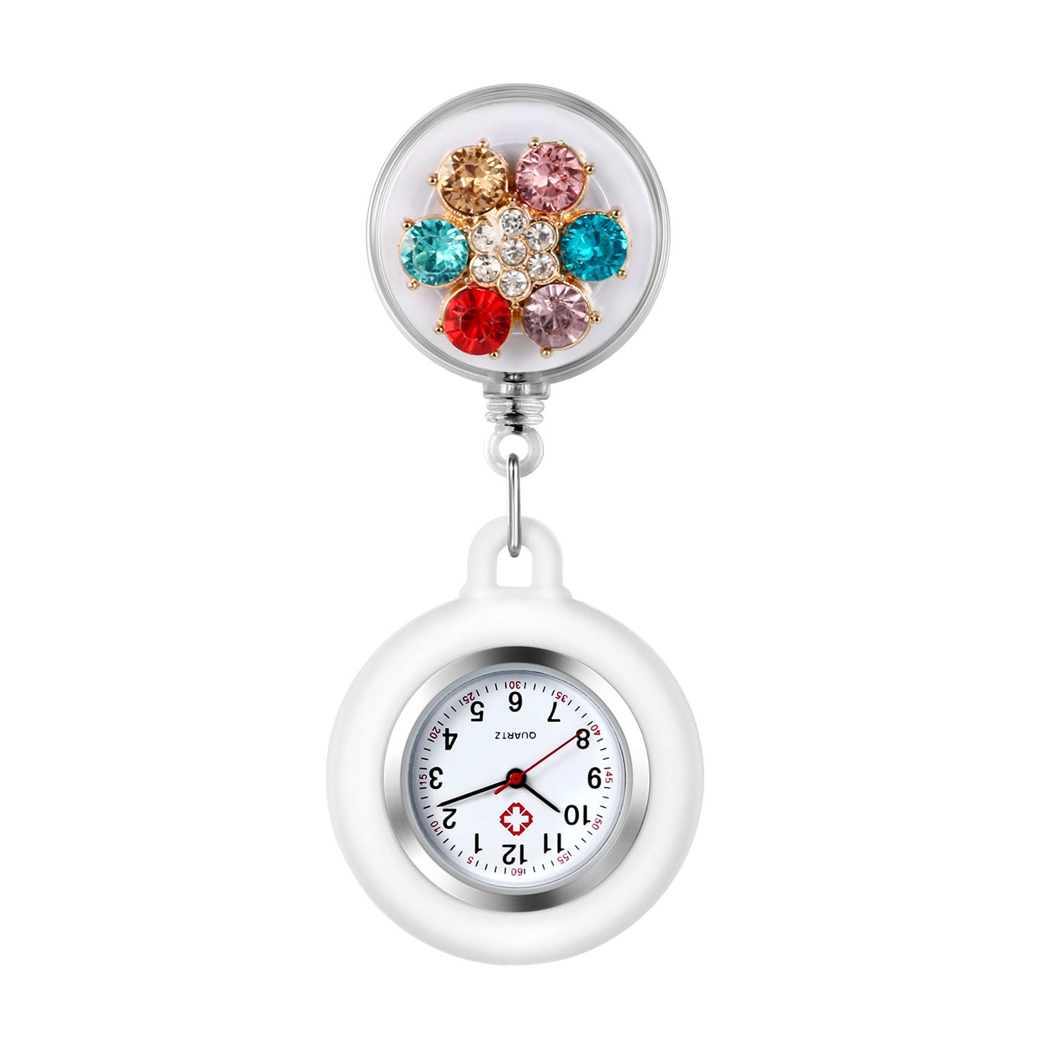 Avaner Retractable Nurse Watches Clip-on Hanging Fob Watches Cute Flower Pattern Lapel Watches for Nurses Doctors with Silicone Cover