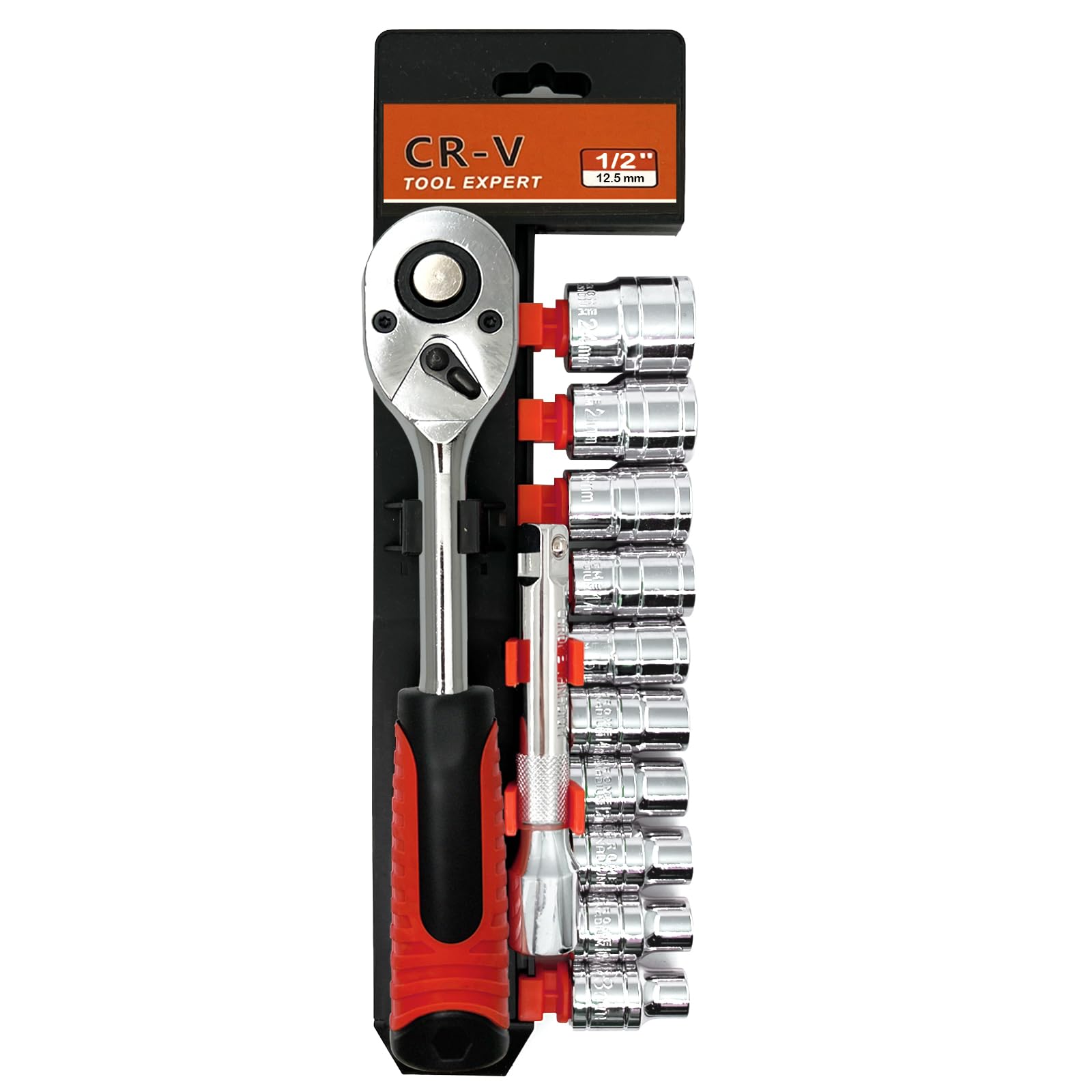 JinPhon 1/2 Inch Socket Set 12pcs, Metric Socket Wrench Set (8-24mm) with Extension Bar, Cr-V Steel Reversible 1/2 Inch Ratchet Spanner Kit for Mechanics, Car Repair & Home Garage DIY