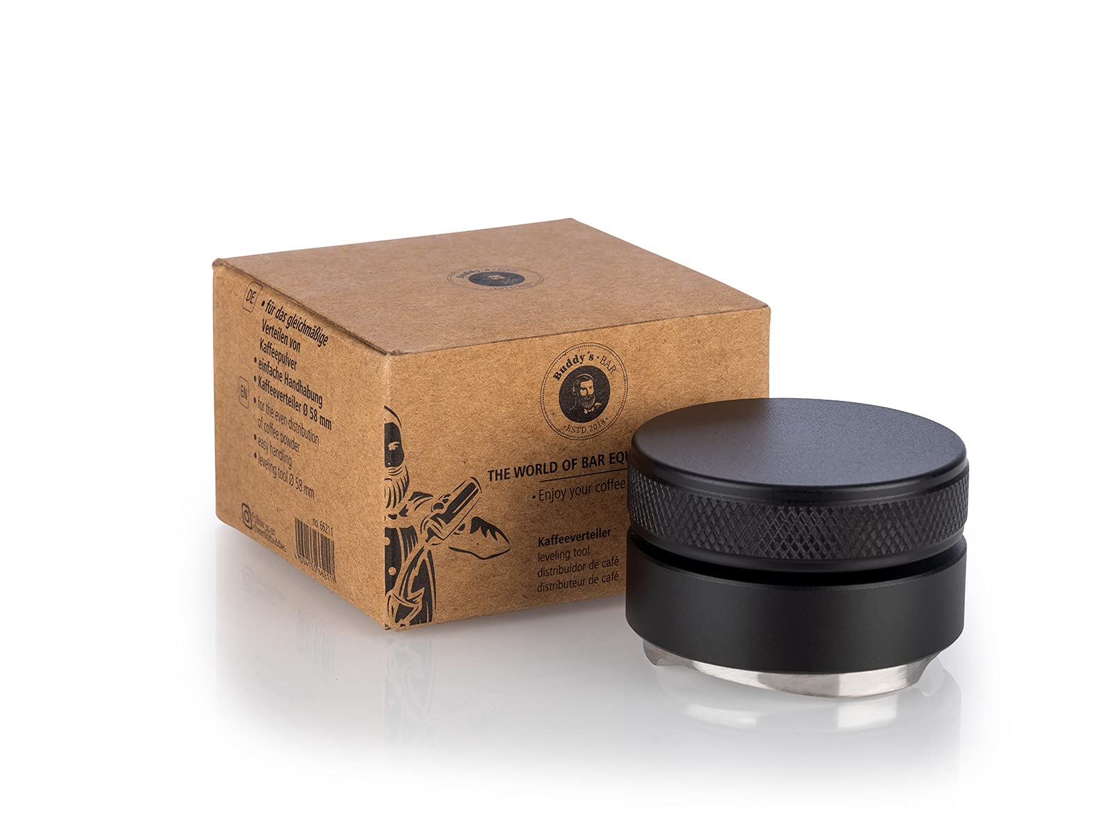 Buddy´s Bar - Barista Edition, coffee distributor, diameter 51 mm base, height: 3.5 cm, levelling tool for espresso coffee grounds, rust-proof stainless steel, aluminium, for 51 mm portafilters, black