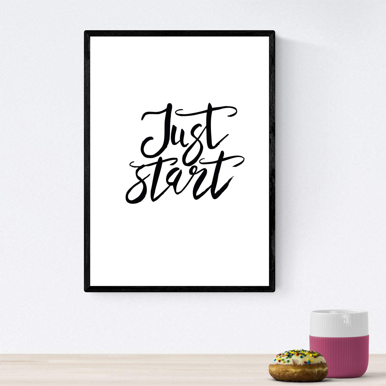 Nacnic Print with happy blank messages and negro.Poster 'Just start' for framing. A3 size unframed