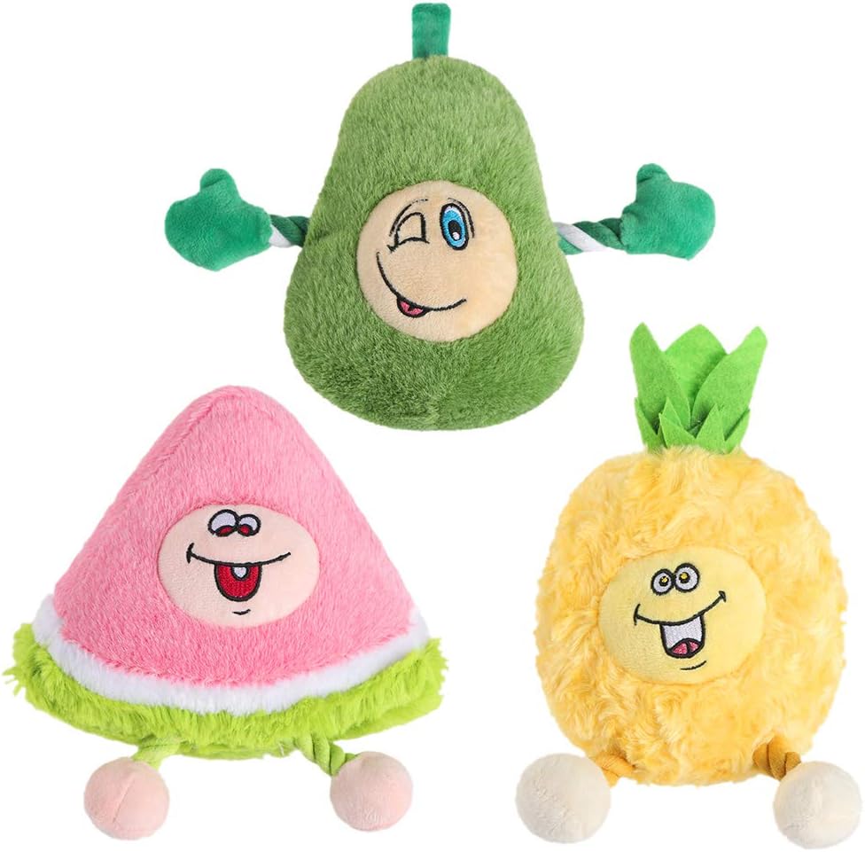 BINGPET Dog Plush Squeaky Toys - 3 Pack Durable Interative Soft Stuffed Teething and Chew Toys with Squeakers and Rope for Small Medium Large Dogs, Pineapple, Avocado, Watermelon