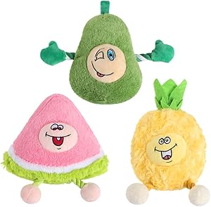 BINGPET Dog Plush Squeaky Toys - 3 Pack Durable Interative Soft Stuffed Teething and Chew Toys with Squeakers and Rope for Small Medium Large Dogs, Pineapple, Avocado, Watermelon