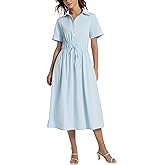 Ladyful Women Casual Button Down Short Sleeve Shirt Dress Tie Waist Midi Shirt Dress Elegant Business Party