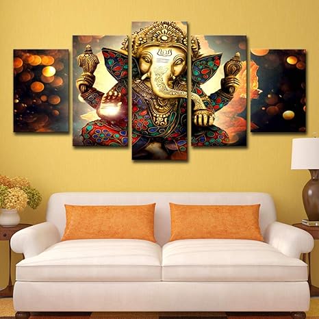 Canvas Painting 5 Pieces Artwork Hindu Mythology Ganesha Home Decor