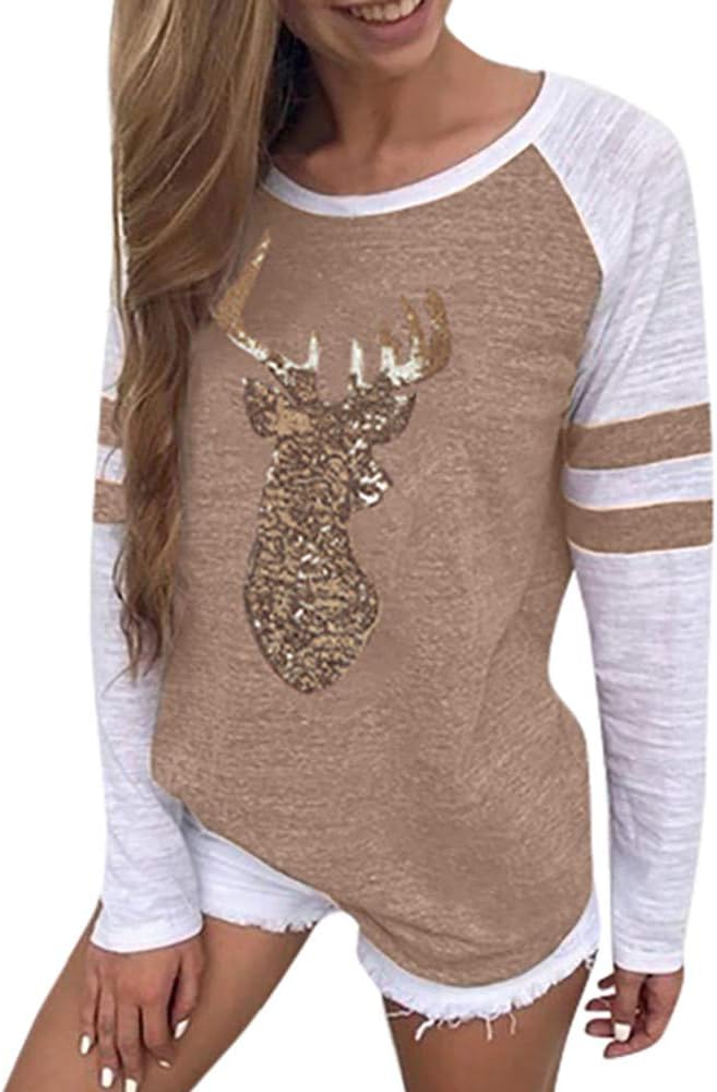 FEITONG Festival Christmas Womens Deer Appliques Splice Blouses T-Shirt Xmas Long Sleeve Tops