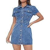 Lachmose Women's Denim Dress Short Sleeve Jean Dress Button Down Babydoll Denim Shirt Dresses
