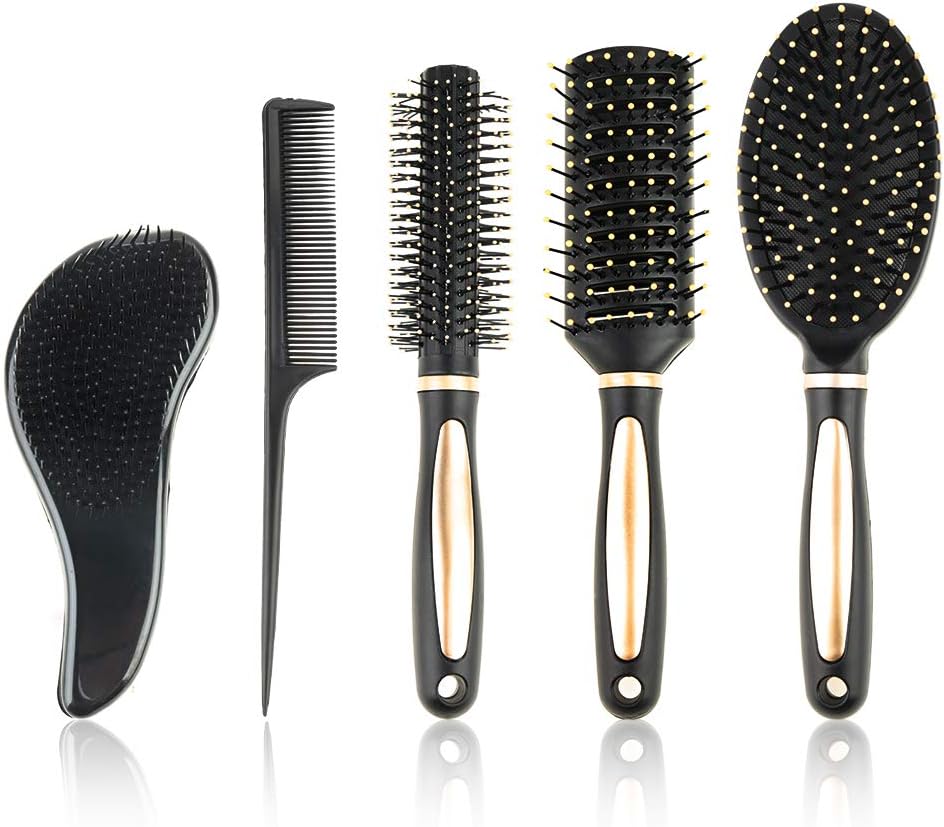 5 Pieces Hair Brush Set Detangling Brush Paddle Brush Round Hair Brush Tail Comb Wet Dry Brush for Women Men Hair Styling (Black)