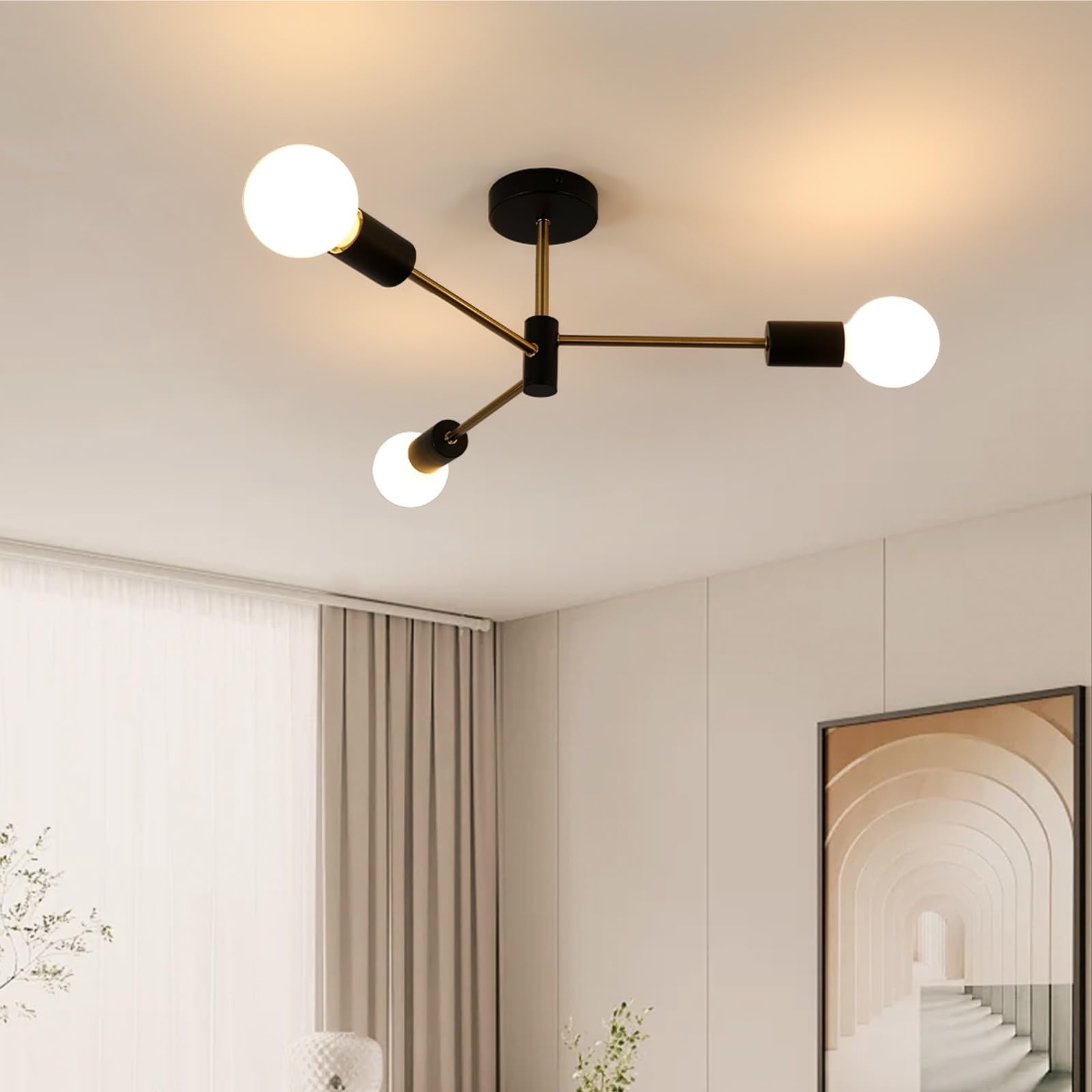 SENQIU Sputnik Ceiling Light, Black Golden Semi Flush Mount Ceiling Light, 3 Lights Modern Sputnik Chandelier with E27 Socket for Living Room, Bedroom, Kitchen, Dining