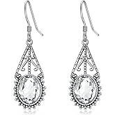 925 Sterling Silver Vintage Filigree Oxidized Dangle Drop Earrings 10mm Oval Cut Birthstone Anniversary Jewelry Gifts for Women Her