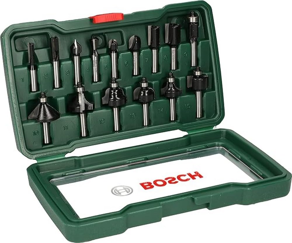 Bosch 15-Piece Tungsten Carbide Router Bit Set (for Wood, Shank Ø 8 mm, Accessory Routers)