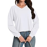 Long Sleeve Crop Tops for Women Loose Cropped Tshirt V Neck Tees Casual Cotton Athletic Workout Shirts