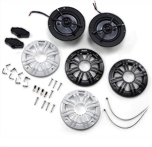 Kicker 45KM44 Universal Weatherproof Coaxial 4 Inch 4-Ohm Audio Speakers with Charcoal and White Grilles, Pair