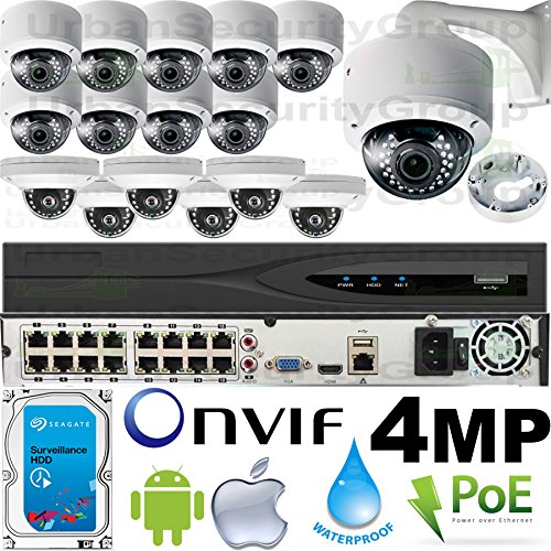 USG Business Grade H.265 4MP 2592x1520 16 Camera HD Security System : Ultra 4K 32 Channel Security NVR + 10x BIG & 6x DISCREET 4MP 2.8-12mm PoE IP DOME Cameras + 1x 4TB HDD : Apple Android Phone App