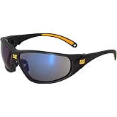 Caterpillar Tread Safety Glasses, Black and Yellow, Blue Mirror, Unisex | Mens Womens ANSI Z87 Impact Resistant Anti-Scratch Flexible Lightweight 29g for Jobsite Work Sports Daily Use Full Coverage