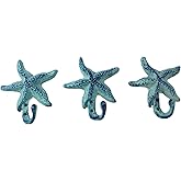 Starfish Cast Iron Wall Hooks Antique Blue - Set of 3 for Coats, Aprons, Hats, Towels, Pot Holders, More