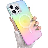 Heaofei Cute Case for iPhone 16 Pro Max Case for Women Girls [Compatible with Magsafe] Aesthetic Girly Glitter Bling Rainbow Magnetic Protective Phone Cover, Translucent Iridescent Blue & Pink