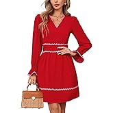 Women's Long Sleeve V Neck Smocked Elastic Waist Dress RIC Rac Swiss Dot Casual A Line Mini Dress
