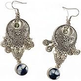 Vintage Bohemian Chandelier Earrings, Antique Silver Filigree with Blue Indigo Tie-Dye Fabric Accent, Handmade Ethnic Drop Dangle Style
