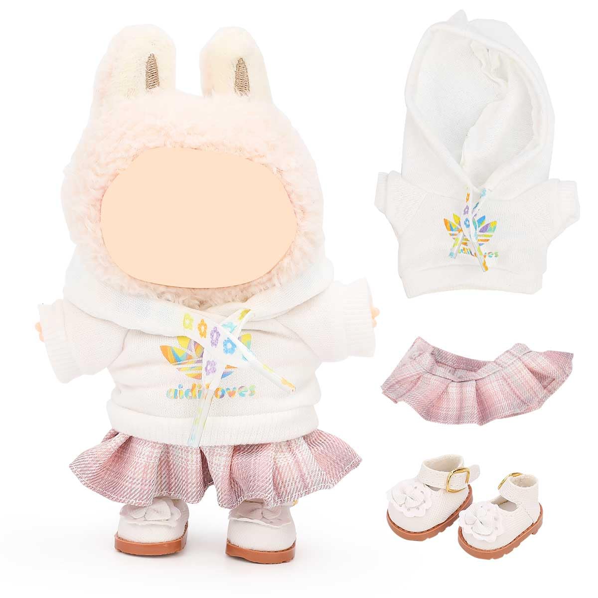 LEWOTE Clothes Set Compatible for Labubu Doll, Hat Suit Ornaments Accessories Set for 17cm/6.7inch Doll (Hoodie/Checkered Half Skirt/Princess Shoes White)
