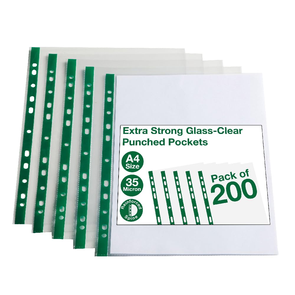 Summit A4 Glass Clear Punched Pockets – Pack of 200 – Premium Clear Plastic Sheet Protectors, Multi-Punched for Ring Binders & Lever Arch Files