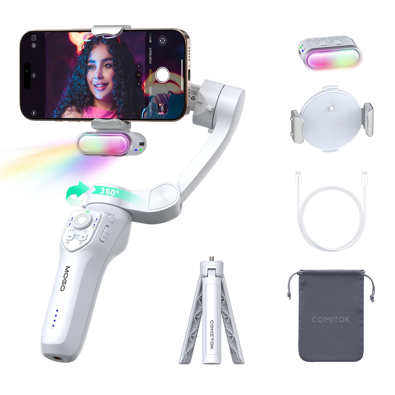 Photo 1 of COMITOK Only for iPhone, MOGO [Apple MFi Certified] Gimbal Stabilizer for iPhone with Phone Clip & RGB Light, Support Selecting Tracking Target on Apple Watch & iOS26 Cameras for iPhone 16 15 Pro Max