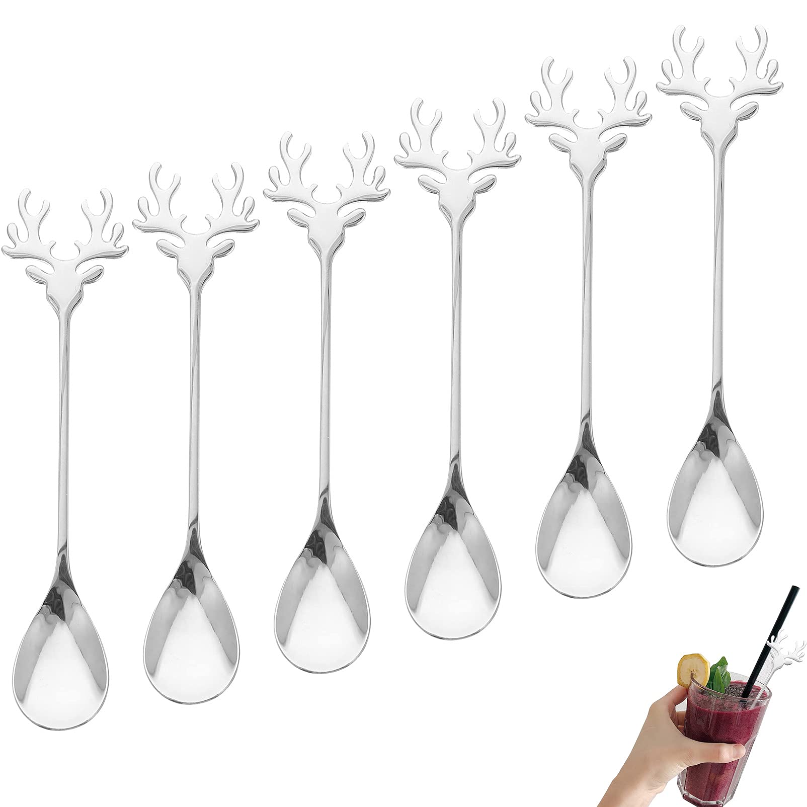 6 Pieces Elk Coffee Spoon, Christmas Coffee Teaspoons Creative Cute Tableware Stainless Steel Spoon, Used to eat Cakes, Desserts, and stir Coffee（Silver）