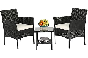 FDW Wicker Outdoor Furniture Patio Furniture Set of 3 Rattan Patio Chairs Outdoor Chairs Patio Conversation Set with Coffee Table for Yard Backyard Lawn Porch Poolside Balcony,Black