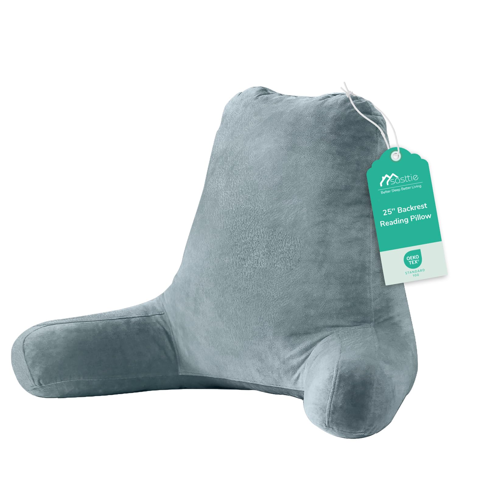 Sasttie 25-inch Reading Pillows for Sitting in Bed Adult, Jumbo Velvet Back Pillow Bed Sitting Up, XL High Back-Rest Support Cushion for Sit Up on Couch & Floor, Oeko-Tex Certified, Bluish Grey