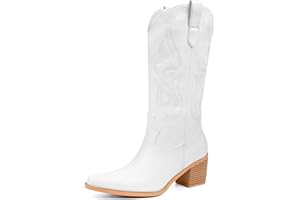Pasuot Cowboy Boots for Women - Cowgirl Western Mid Calf Boots with Embroidery, Pointed Toe Retro Chunky Heel Slip On Fashion Classic Short Boots Pull On for Ladies Summer Fall