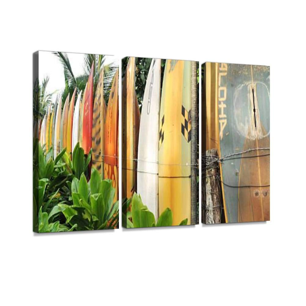 Surfboard Fence Maui with Aloha in Front Print On Canvas Wall Artwork Modern Photography Home Decor Unique Pattern Stretched and Framed 3 Piece