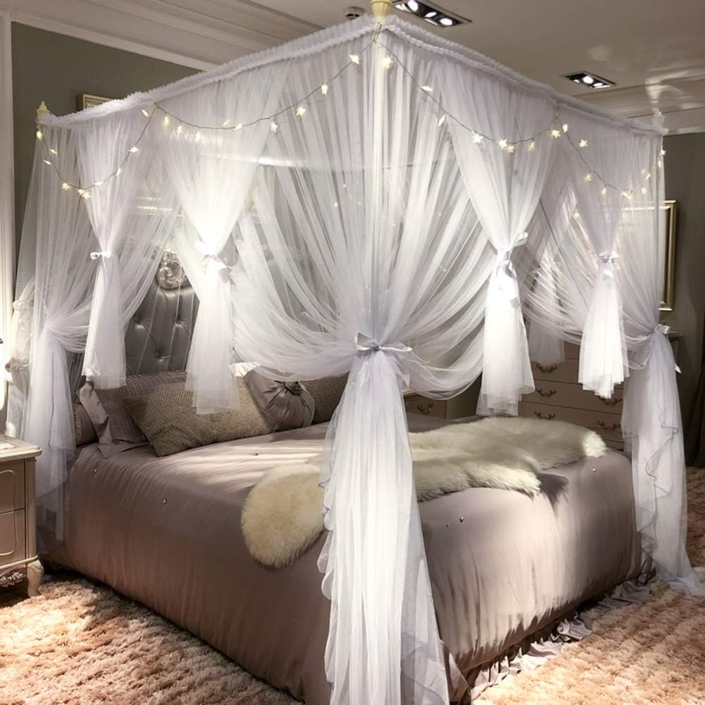 YQ WHJB 3 Openings Mosquito Net,4 Corners Post Canopy Bed Curtains For Double Bed Girls Square Drape Princess Netting Bedding With Lights-c 180x220cm(71x87inch)