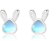 Aloluo Moonstone Bunny Rabbit Stud Earrings for Women Silver Plated Hypoallergenic Small Cute Earring Studs Easter Birthday Jewelry Gifts