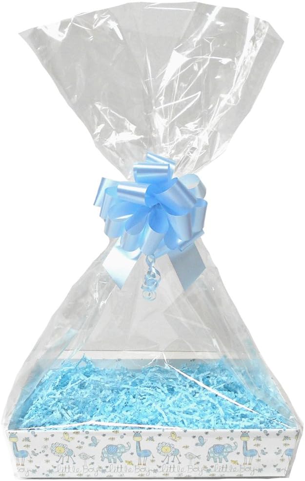 Jaffa Imports BABY BLUE DIY Gift Basket Hamper Kit - Little Boy Cardboard Tray, Blue Shred, Blue Bow, Cello Bag & Blue Gift Tag (Large - 35x24x8cm high)