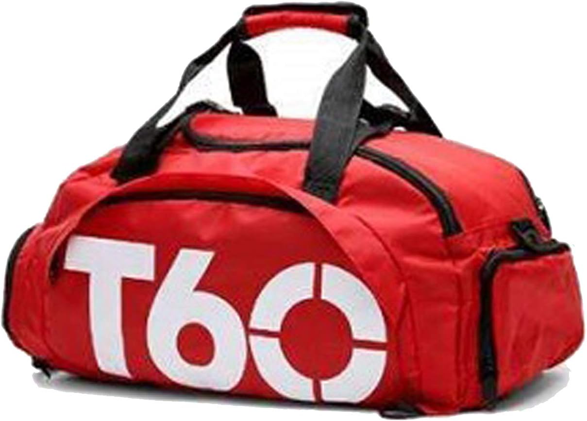 T60 Sports Duffels Backpacks Gym Bags Waterproof - Travel Duffel Bag with Shoes Compartment for Men and Women, Fitness, Yoga (Red White)