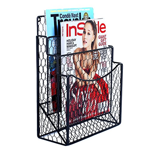 MyGift Black Chicken Wire Magazine Rack, Wall Mount 3 Slot Document