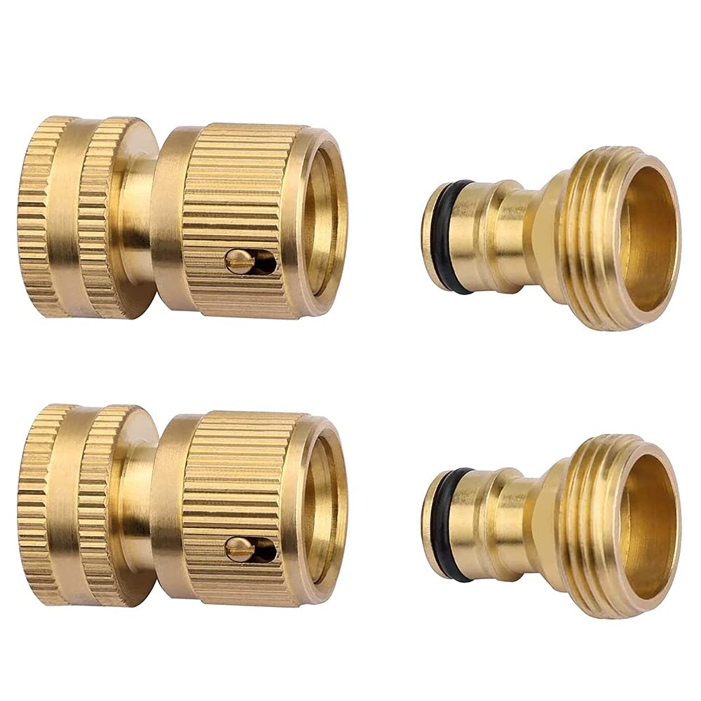 ANCLLO 2 Pack Garden Hose Quick Connectors, Solid Brass 3/4 inch Thread Easy Connect Fittings No-Leak Water Hose Male Female Value