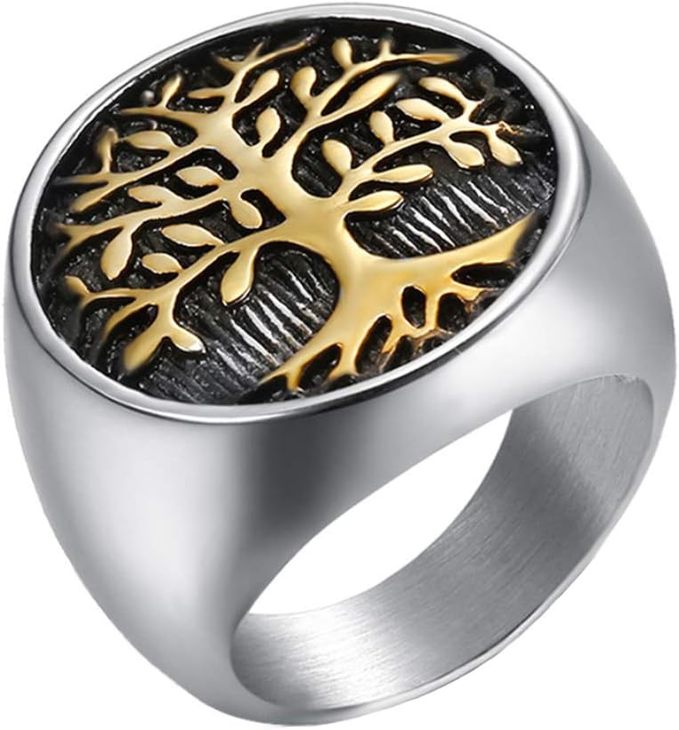 Men's Stainless Steel Tree of Life Ring Vintage Classic Round Signet Biker Band Christmas Wedding Rings