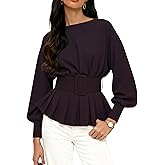 Ziqoty Women Peplum Blouse Long Sleeve Boat Neck Pleated Slim Fit Top with Belt Daily Elegant Office Nice Events Outing
