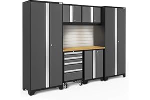 NEWAGE PRODUCTS INC. NewAge Products Garage Storage Cabinets Bold Series 7 Piece Sets Includes Worktop, Slatwall Backsplash, LED Lights, Multi-Use lockers, Wall, Base and Rolling Tool Cabinets, Gray, 50418